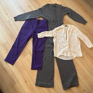Theory LOT purple trousers, wool jumpsuit, silk ivory blouse